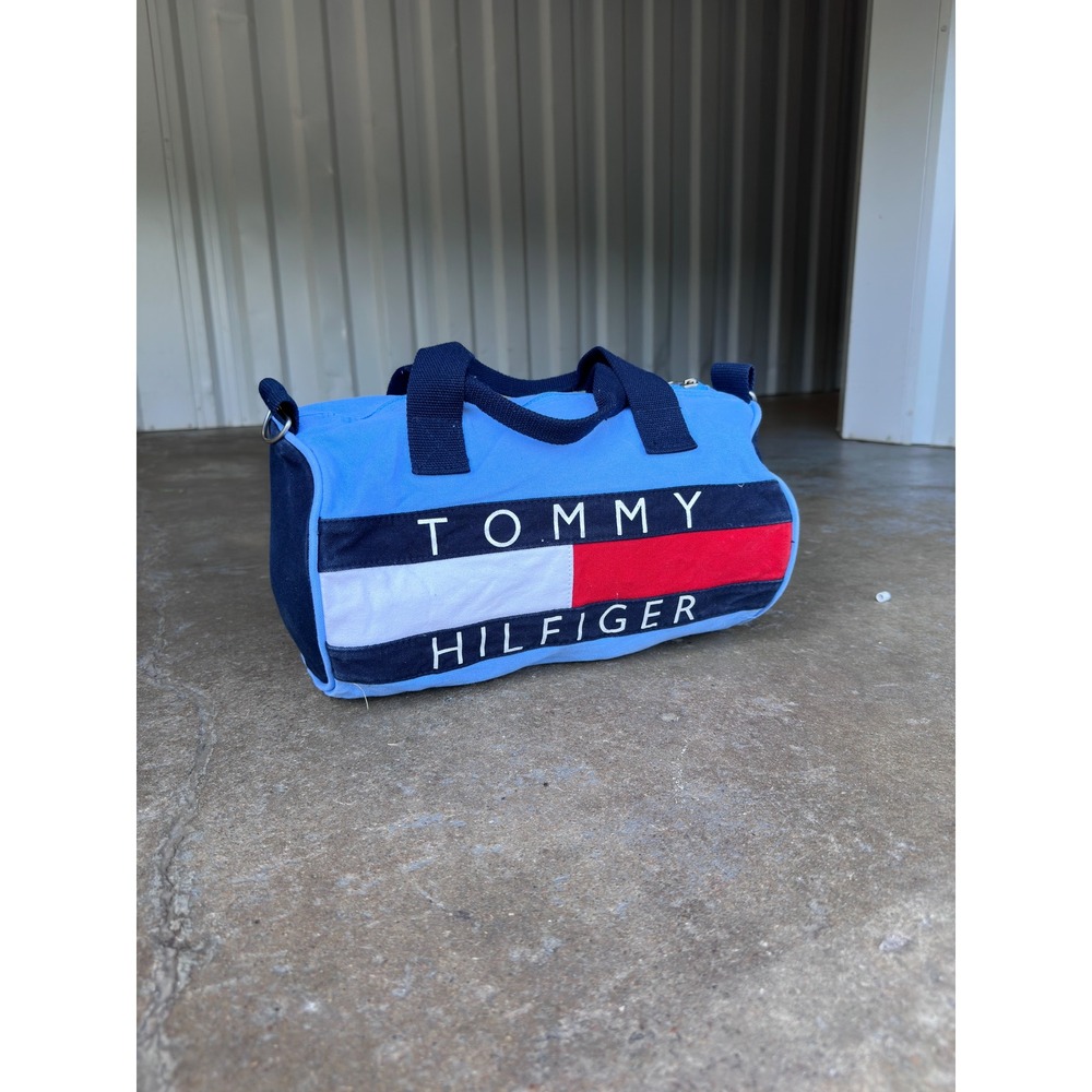 Y2K Tommy Hilfiger Mini Duffle Bag Canvas Barrel Handbag Blue Red White